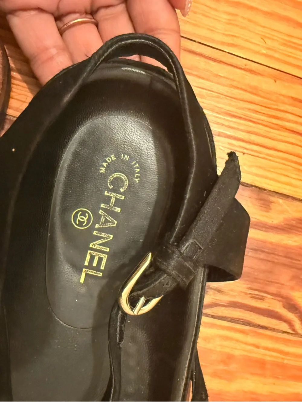 CHANEL Black Leather Chain-Strap Slingback Sandals- Sz 37